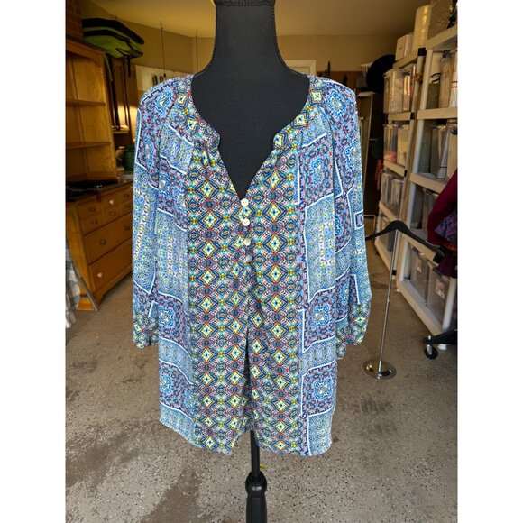 Anthropologie Figueroa Flower XL Paisley Tunic Semi Sheer Blue Boho Peasant Top - Picture 10 of 11